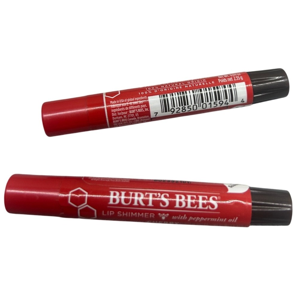 2 Burt's‎ Bees Lip Shimmer Cherry Red Tinted Lip Balm with Peppermint Oil 0.09oz